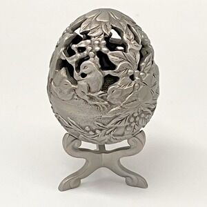 Vintage Pewter Port Egg Trinket Box Bird Floral Motif Pierced Openwork‎ Stand